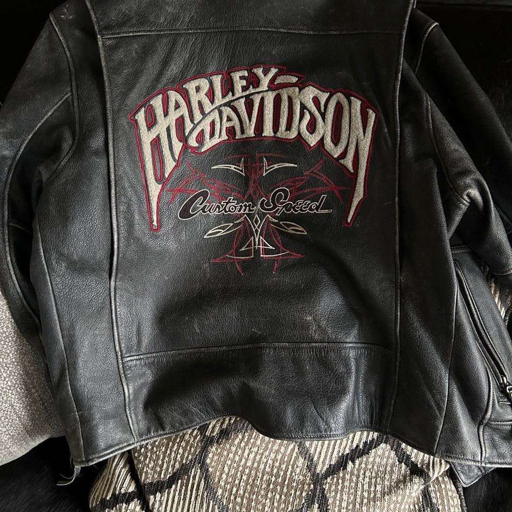 Harley-Davidson Black Leather Bomber Jacket with Red Accents on
